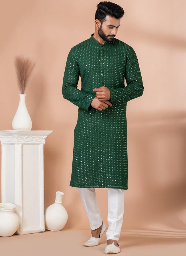 Viscose Green Festival Wear Embroidery Work Kurta Pajama